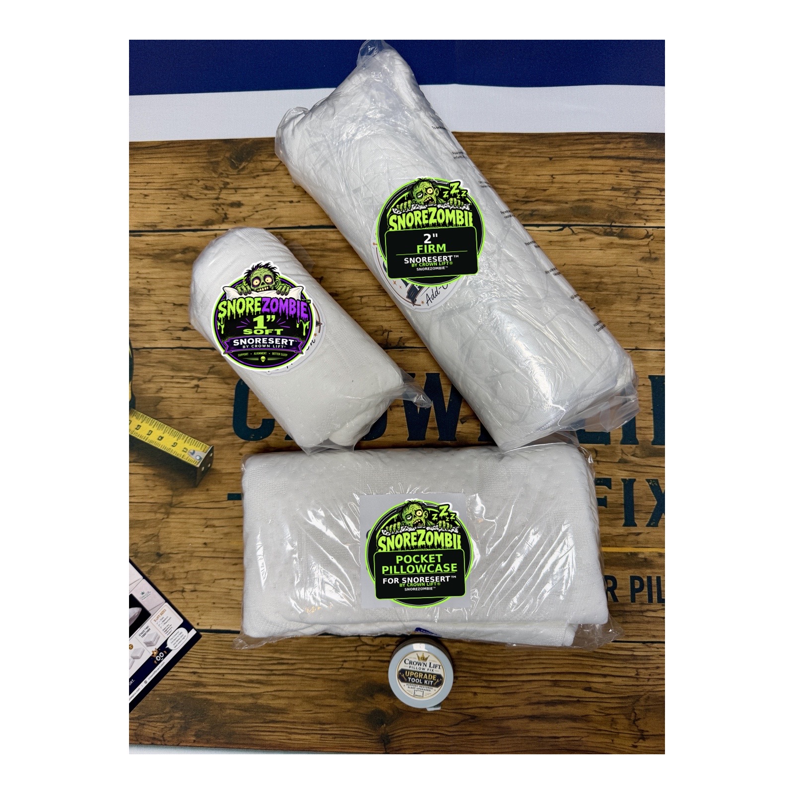 The real Snoresert system: 1 inch Soft insert, 2 inch Firm insert, and the pocket pillowcase — the adjustable insert goes inside your pillow