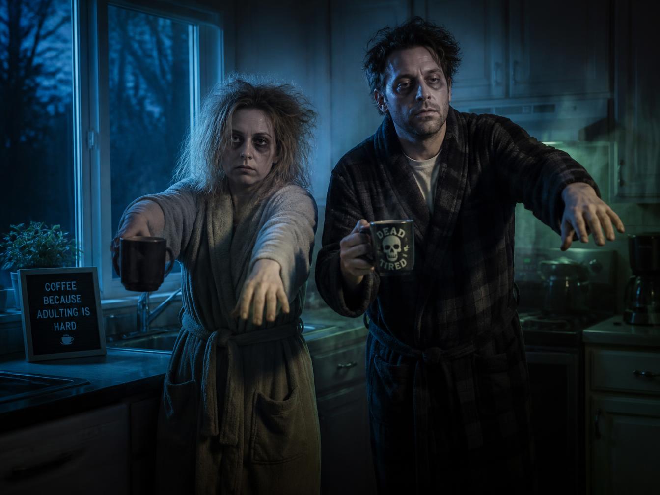 Two exhausted SnoreZombies in bathrobes drinking coffee after a sleepless night